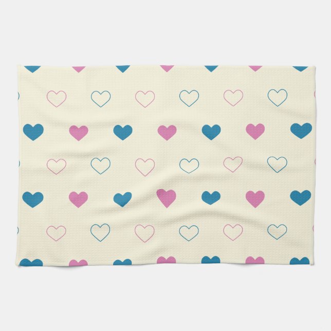 Cute Simple Heart Pattern blue pink cream Tea Towel (Horizontal)