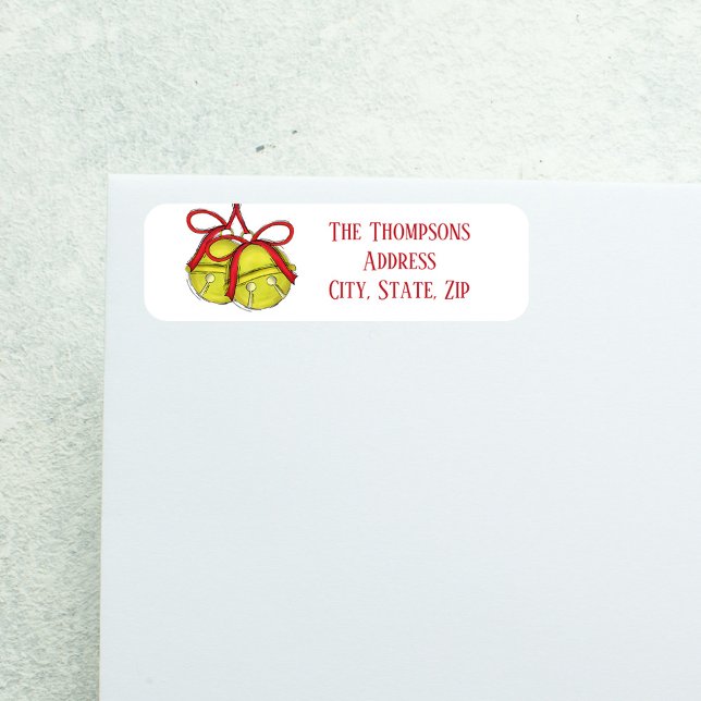 Cute Simple Holiday Christmas Mailing Return Address Label (Festive Christmas return address label with gold jingle bells and red ribbon bow.)