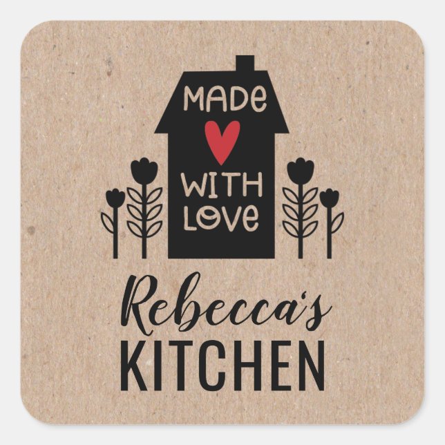Cute Simple Made With Love Kraft Square Sticker (Front)