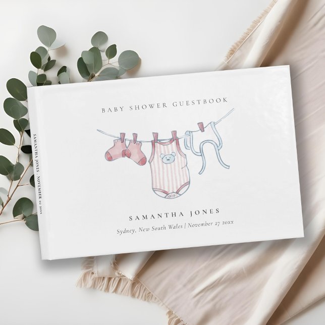 Cute Simple Pink Clothesline Girl Baby Shower Guest Book (Creator Uploaded)