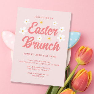 Cute Simple Pink Flowers Easter Brunch Invitation