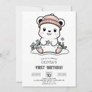 Cute Simple Polar Bear 1st Birthday Digital  Invitation