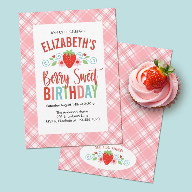 Cute Simple Red Berry Sweet Birthday  Invitation (A pink strawberry "Berry Sweet" girls first birthday party invitation)