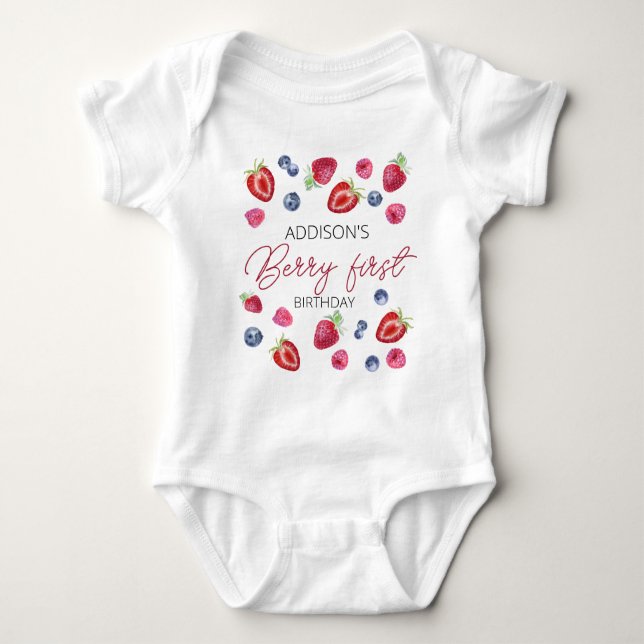 Cute Simple Red Blue Berry Sweet 1st Birthday Baby Bodysuit (Front)
