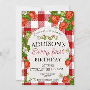 Cute Simple Red Blue Berry Sweet 1st Birthday Invitation