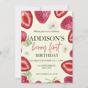 Cute Simple Red Blue Berry Sweet 1st Birthday Invitation