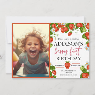 Cute Simple Red Blue Berry Sweet 1st Birthday Invitation