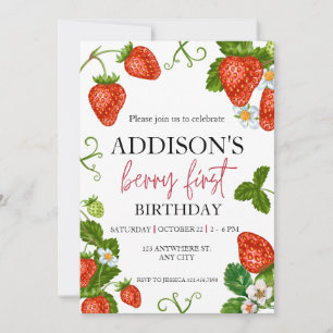 Cute Simple Red Blue Berry Sweet 1st Birthday Invitation