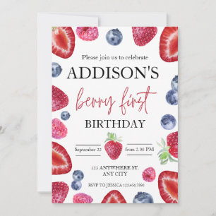 Cute Simple Red Blue Berry Sweet 1st Birthday Invitation