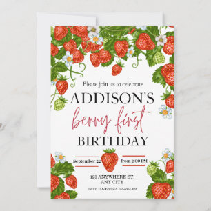 Cute Simple Red Blue Berry Sweet 1st Birthday Invitation