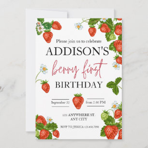 Cute Simple Red Blue Berry Sweet 1st Birthday Invitation
