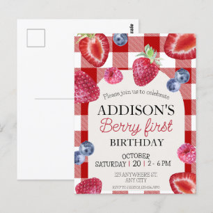 Cute Simple Red Blue Berry Sweet 1st Birthday Postcard