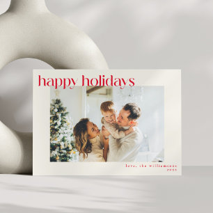 Cute Simple Red Happy Holidays Modern Custom Photo Holiday Card