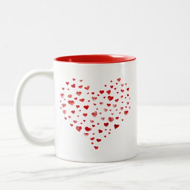 Cute Simple Red Watercolor Hearts Two-Tone Coffee Mug (Left)