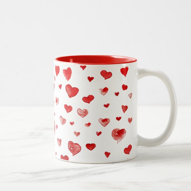 Cute Simple Red Watercolor Hearts  Two-Tone Coffee Mug (Right)