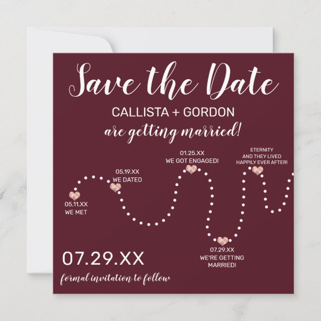 Cute Simple Rose Gold Burgundy Timeline Wedding Save The Date (Front)