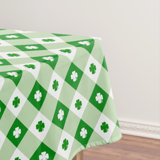 Cute Simple St Patrick's Lucky Clover Green Plaid Tablecloth (In Situ)