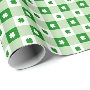 Cute Simple St Patrick's Lucky Clover Green Plaid Wrapping Paper