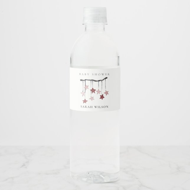 Cute Simple Star Mobile Blush Pink Baby Shower Water Bottle Label (Front)