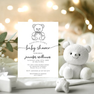 Cute Simple Teddy Bear with Bow Baby Boy Shower Invitation