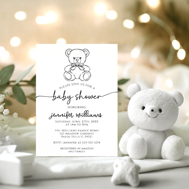 Cute Simple Teddy Bear with Bow Baby Boy Shower Invitation (Creator Uploaded)