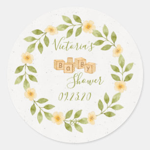 Cute Simple Watercolor Wreath Baby Shower Invite Classic Round Sticker