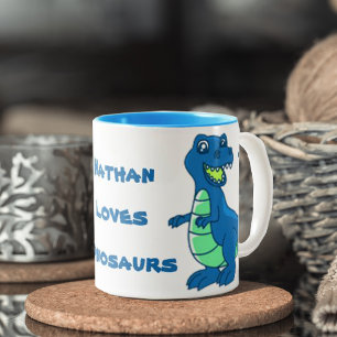 Cute Simple White Blue Paw Name Dinosaur Two-Tone Coffee Mug