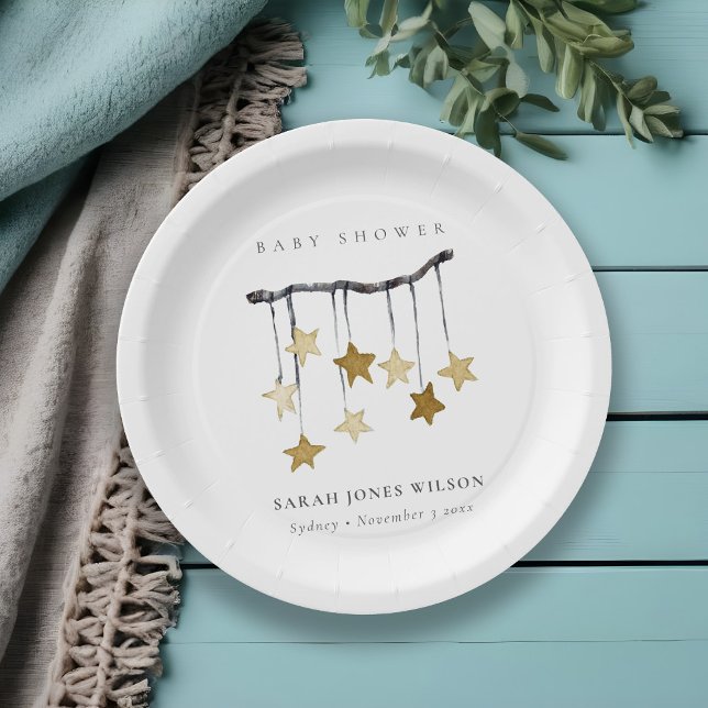 Cute Simple Yellow Neutral Star Mobile Baby Shower Paper Plate (Creator Uploaded)