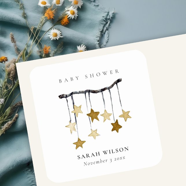 Cute Simple Yellow Neutral Star Mobile Baby Shower Square Sticker (Creator Uploaded)