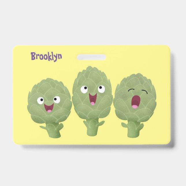 Cute singing artichokes vegetable cartoon ID badge (Front)