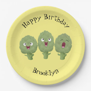 Cute singing artichokes vegetable cartoon paper plate