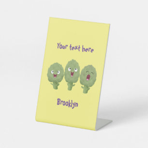 Cute singing artichokes vegetable cartoon pedestal sign