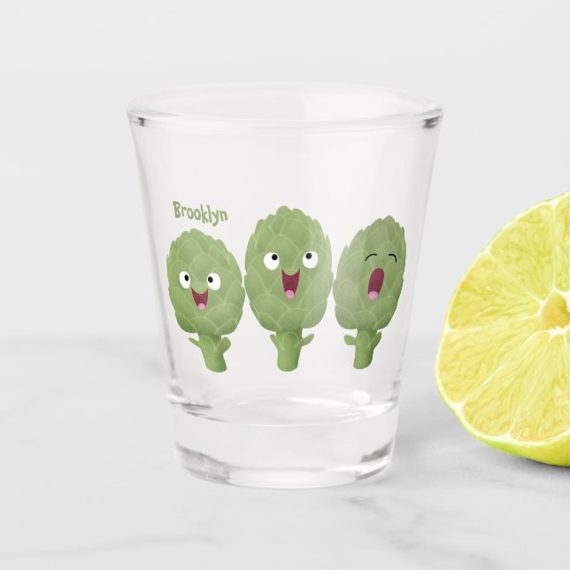 Cute singing artichokes vegetable cartoon shot glass (Front)