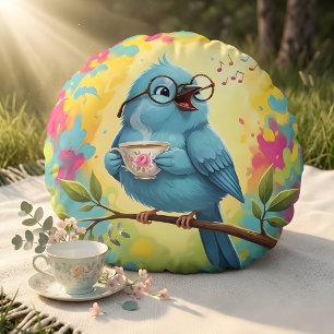Cute Singing Blue Bird Round Pillow