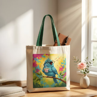 Cute Singing Blue Bird Tote Bag | Cosy Coffee Love