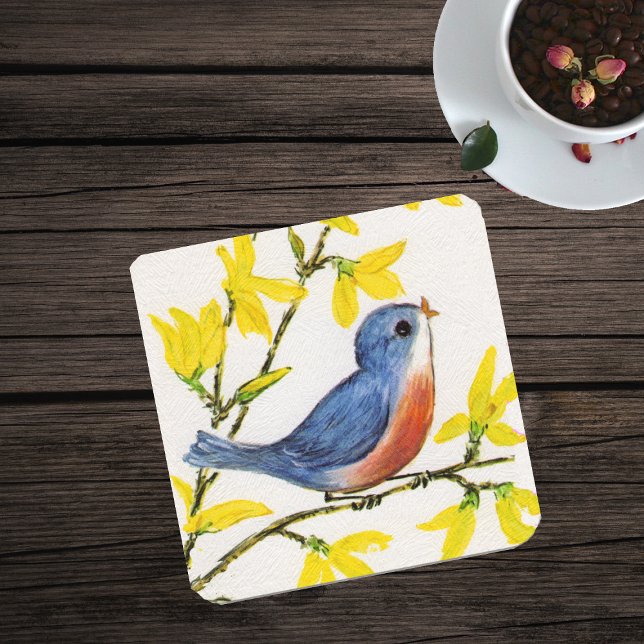 Cute Singing Blue Bird Tree Branch Coaster (Little blue and red bird on branch yellow flowers on white textured look paper drink coaster.)