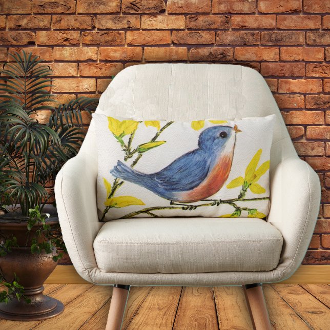 Cute Singing Blue Bird Tree Branch Lumbar Cushion (Cute bluer red singing bird on branch yellow flowers on textured look white home decor pillow.)