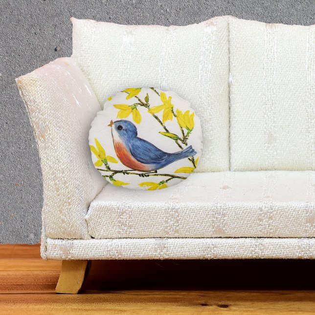 Cute Singing Blue Bird Tree Branch Round Cushion (Little singing blue red bird on branch yellow flowers textured look white decorative pillow.)