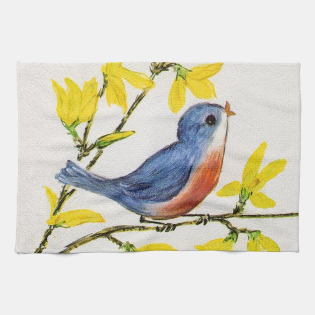 Cute Singing Blue Bird Tree Branch Tea Towel (Horizontal)