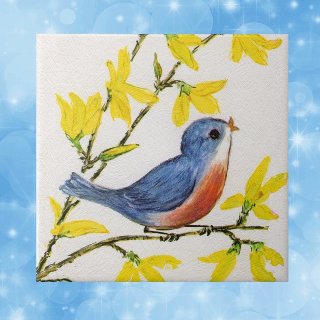 Cute Singing Blue Bird Tree Branch Tile (Sweet blue red bird on branch yellow flowers on faux textured white decorative tile.)
