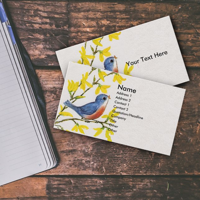 Cute Singing Blue Bird Tree Business Card (Cute spring time red blue bird on branch yellow flowers on white business card.)