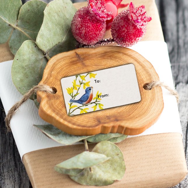 Cute Singing Blue Bird Tree Label (Gift tag label of cute blue red bird on branch with yellow flowers on white.)