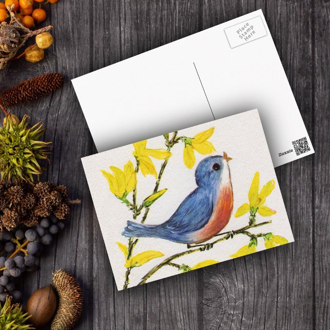 Cute Singing Blue Bird Tree Postcard (Cute singing red and blue bird on branch yellow flowers on white postcard.)