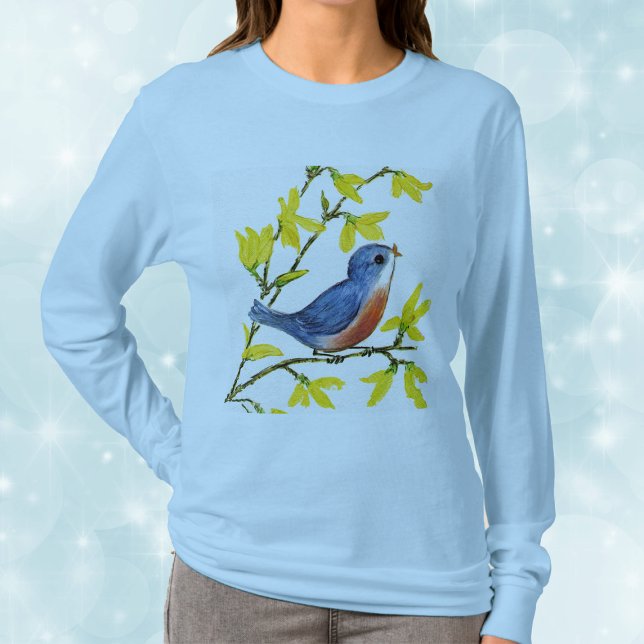 Cute Singing Blue Bird Tree T-Shirt (Pretty blue red bird on branch with bright yellow flowers on woman's long sleeve shirt.)