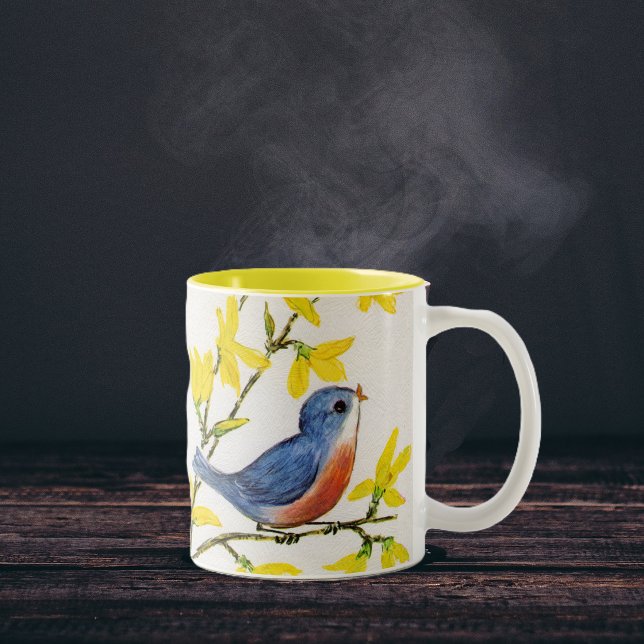 Cute Singing Blue Bird Tree Two-Tone Coffee Mug (Cute blue red bird on branch yellow flowers on faux textured white coffee or tea mug.)