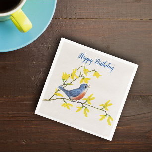 Cute Singing Blue Red Bird on Branch Yellow Flower Napkin