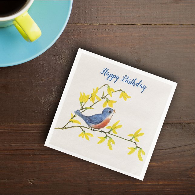 Cute Singing Blue Red Bird on Branch Yellow Flower Napkin (Singing blue and red bird on branch yellow flowers on white Happy Birthday paper party napkins.)