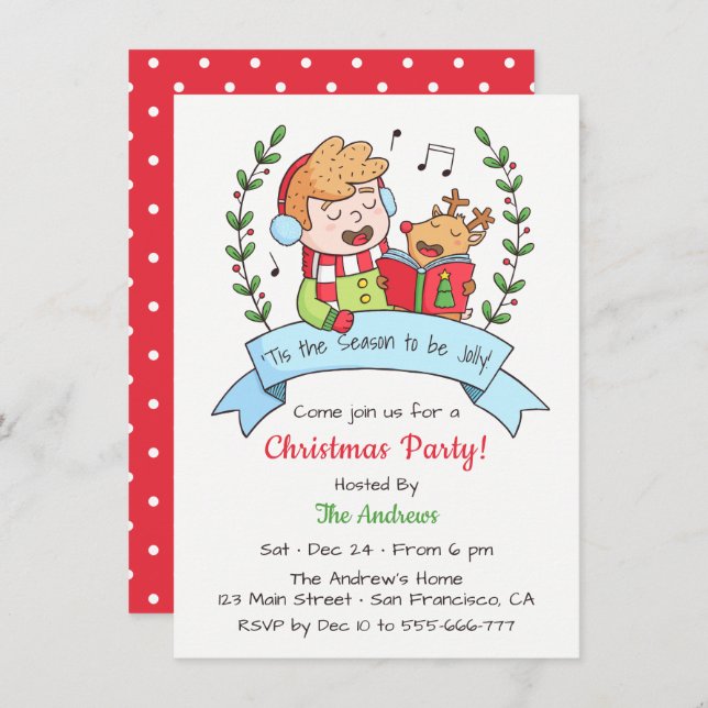 Cute Singing Boy and Reindeer Christmas Party Invitation (Front/Back)