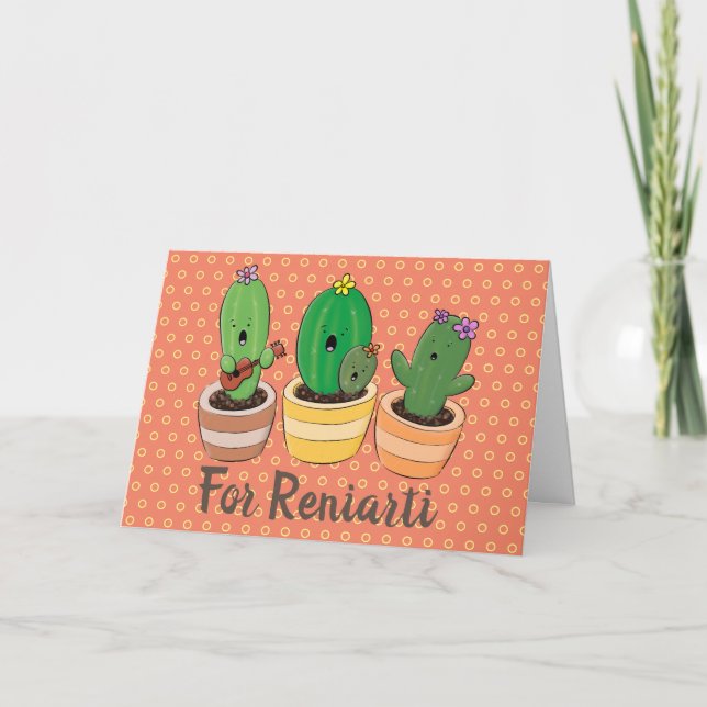 Cute singing cactus trio cartoon illustration card (Front)