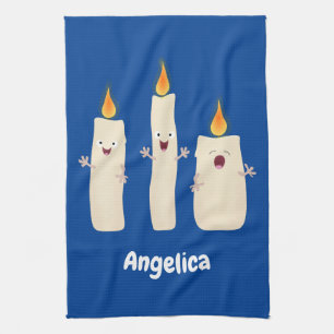 Cute singing candle trio cartoon tea towel